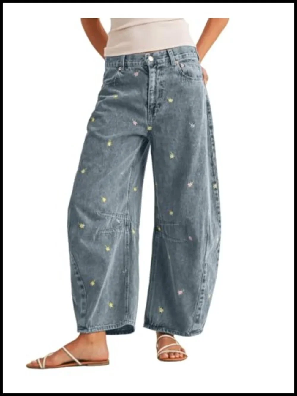 Embroidered Barrel Jeans Baggy Wide Leg Y2K Denim Ankle Pants Patchwork